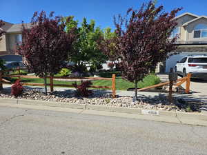 View of property hidden behind natural elements featuring a front yard, a garage, and driveway