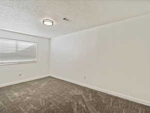 Empty room with a textured ceiling and dark colored carpet
