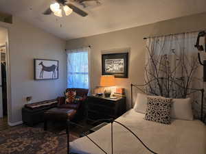 Primaary Bedroom with ceiling fan, a spacious closet, dark wood-type flooring, lofted ceiling, and a textured ceiling