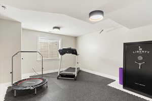 Workout room featuring a textured ceiling