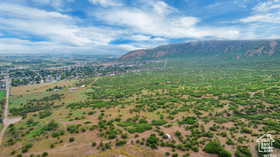 Aerial view of sparsely populated area with a mountain backdrop