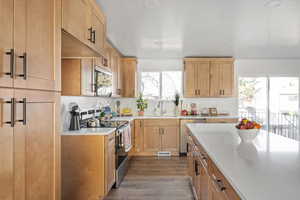 View of kitchen from living area of great room
