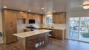 Kitchen with an informal island, new stainless steel finishes, recessed lighting, all new cabinets and countertops