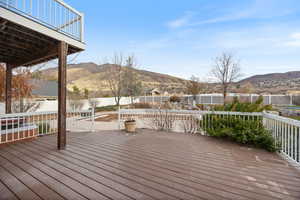 Deck with a mountain view and a fenced backyard