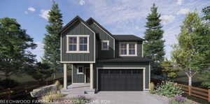 View of front of house featuring board and batten siding, an attached garage, covered porch, and driveway