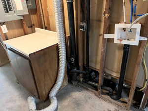 Detailed view of unfinished concrete flooring, electric panel, and wooden walls