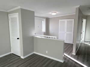 Spare room with ornamental molding and dark wood-style floors