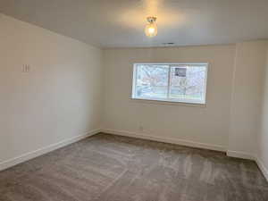 Carpeted spare room featuring baseboards and a textured ceiling