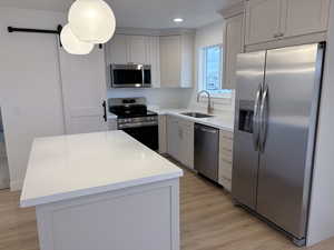 Kitchen featuring appliances with stainless steel finishes, white cabinetry, a kitchen island, light wood-style flooring, and recessed lighting