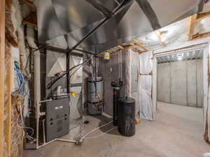 Utilities with strapped water heater, electric panel, and heating unit