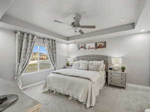 Master bedroom featuring a tray ceiling, a textured ceiling, and ceiling fan
