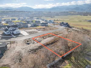 Aerial perspective of suburban area with property boundaries highlighted and a mountain backdrop