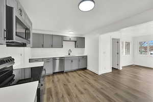Kitchen with stainless steel appliances, gray cabinets, and light wood-style flooring