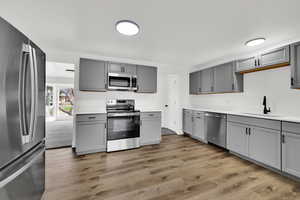 Kitchen with gray cabinets and appliances with stainless steel finishes