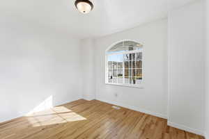 Den or Office, room featuring light wood-style floors and baseboards. Possible Bedroom with added closet.