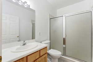 Bathroom is off the front  den/office room, Shower bathroom with vanity and a shower stall