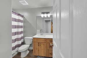 Full bath with vanity, dark wood-style floors, and a shower with curtain