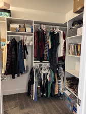 Spacious closet with dark carpet