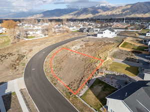 Aerial perspective of suburban area with property boundaries highlighted and a mountainous background