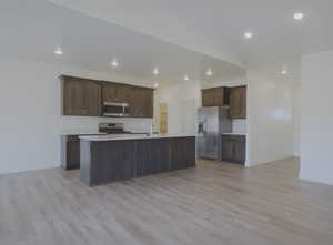 Kitchen with stainless steel appliances, a kitchen island with sink, dark brown cabinetry, light wood-style floors, and recessed lighting