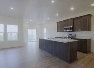 Kitchen featuring an island with sink, stainless steel appliances, dark brown cabinetry, recessed lighting, and light wood-style floors