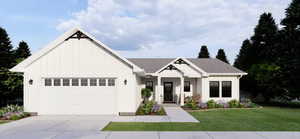 Modern farmhouse style home featuring board and batten siding, a front yard, a garage, concrete driveway, and covered porch