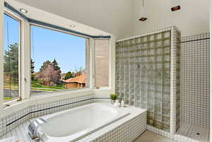 Bathroom with a garden tub, walk-in shower, and tile walls