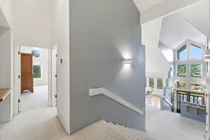 Staircase featuring high vaulted ceiling and carpet flooring