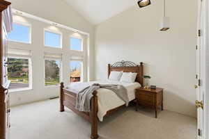 Bedroom with high vaulted ceiling and carpet flooring and natural light