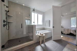 Primary bathroom featuring a Euro-Glass oversize shower with connected bathroom, a bath, and dark tile patterned flooring