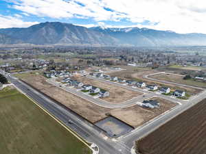 Aerial perspective of suburban area with mountains