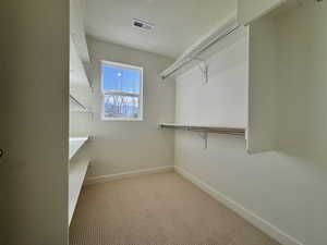 Walk in closet featuring light carpet