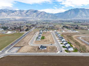 Aerial perspective of suburban area featuring a mountainous background