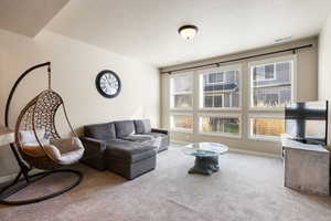 Living room featuring carpet floors and a textured ceiling
