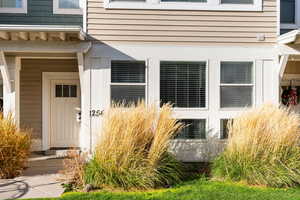 Doorway to property featuring board and batten siding