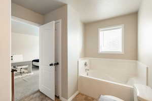 Full bathroom featuring a garden tub and light colored carpet