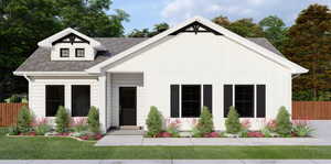 Modern farmhouse featuring roof with shingles and board and batten siding