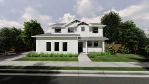 Modern inspired farmhouse with a shingled roof and board and batten siding