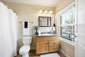 Bathroom featuring vanity and curtained shower