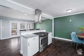 Kitchen featuring white cabinetry, stainless steel gas range, dark wood-style floors, island range hood, and recessed lighting
