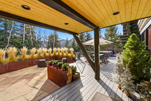 Deck with outdoor dining space, a patio area, and a mountain view