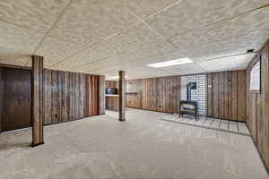 Finished below grade area featuring a wood stove, wooden walls, a drop ceiling, and light colored carpet