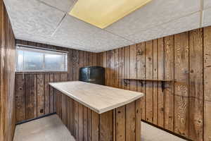 Kitchen featuring light colored carpet, wood walls, fridge, a paneled ceiling, and light countertops