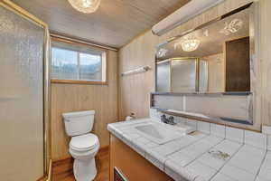 Bathroom featuring a shower stall, wood ceiling, wooden walls, dark wood-style floors, and vanity