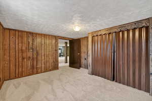 Empty room featuring wood walls, carpet, and a textured ceiling