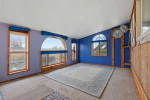 Carpeted foyer entrance with vaulted ceiling and baseboards