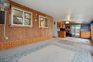 Living area featuring wooden walls and carpet floors