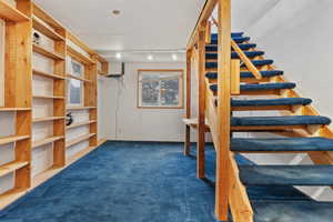 Staircase with carpet floors and rail lighting