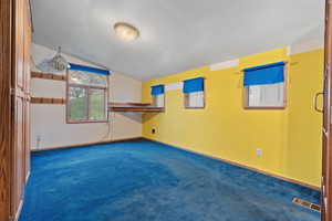 Spare room with dark carpet and vaulted ceiling