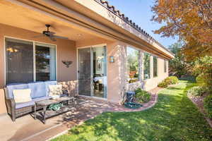 View of patio with ceiling fan